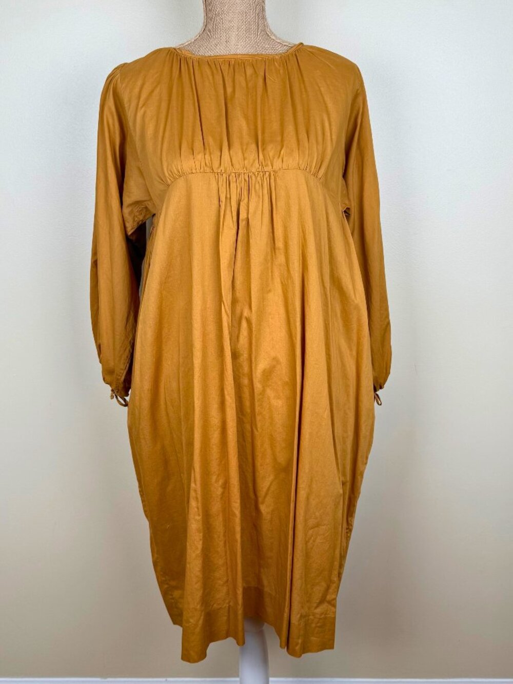 BY MALENE BIRGER Mustard Cotton Smock Dress – Balloon Tie Sleeves – Empire Waist